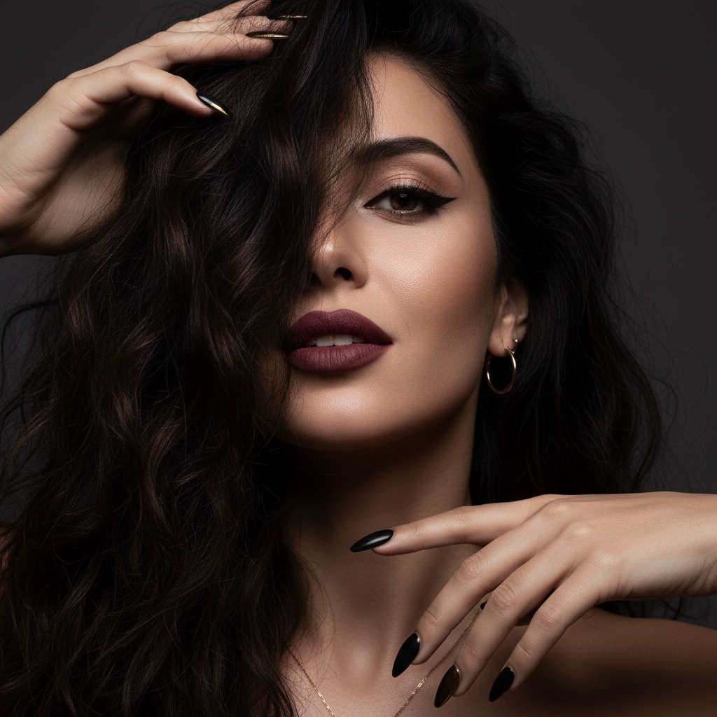 AI generated high-fashion portrait - moody woman with flowing hair